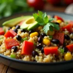 A close-up of a vibrant quinoa dish with black beans, diced red bell pepper, corn, and avocado, garnished with cilantro.