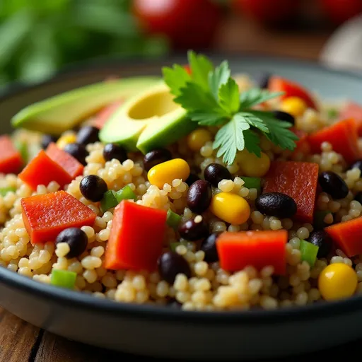 A Whimsical Journey Through My Favorite Flavorful Dinner Delight A close-up of a vibrant quinoa dish with black beans, diced red bell pepper, corn, and avocado, garnished with cilantro.