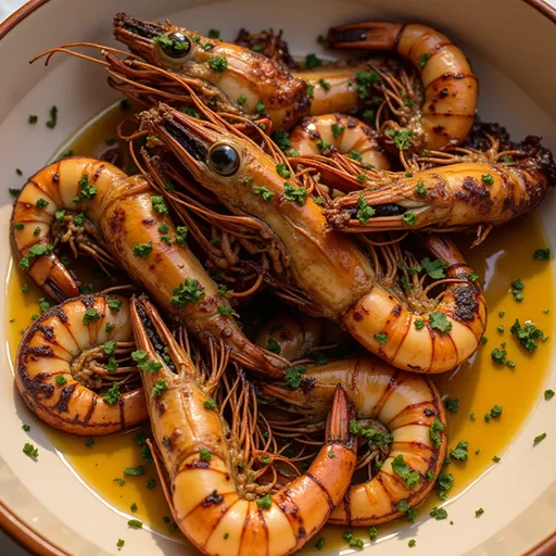 Close-up of split and roasted Skull Island King Prawns with a warm, inviting background.