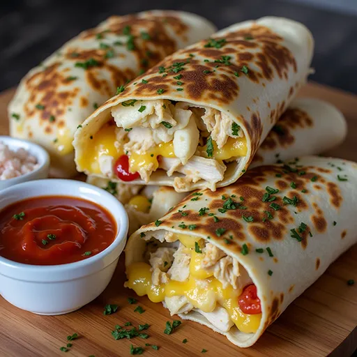 Wrap Yourself in Flavor: The Cheesy Garlic Chicken Delight You’ll Crave Close-up of Cheesy Garlic Chicken Wraps with melted cheese and garnished with parsley.