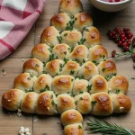 Close-up of a golden-brown Cheesy Pull Apart Christmas Bread with melted cheese and herbs.