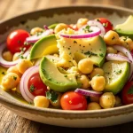 Close-up of a vibrant Chickpeas and Avocado Salad with cherry tomatoes and herbs.