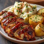 Close-up of BBQ chicken with creamy garlic potatoes, garnished with parsley.