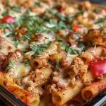 A close-up view of baked ziti topped with roasted vegetables, showcasing a mix of pasta and cheese.