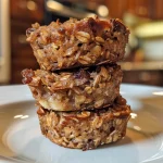 Close-up view of baked oatmeal cups with a golden brown top and visible chocolate chips.