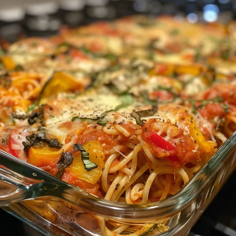 Close-up of vegetarian baked spaghetti topped with melted mozzarella cheese.