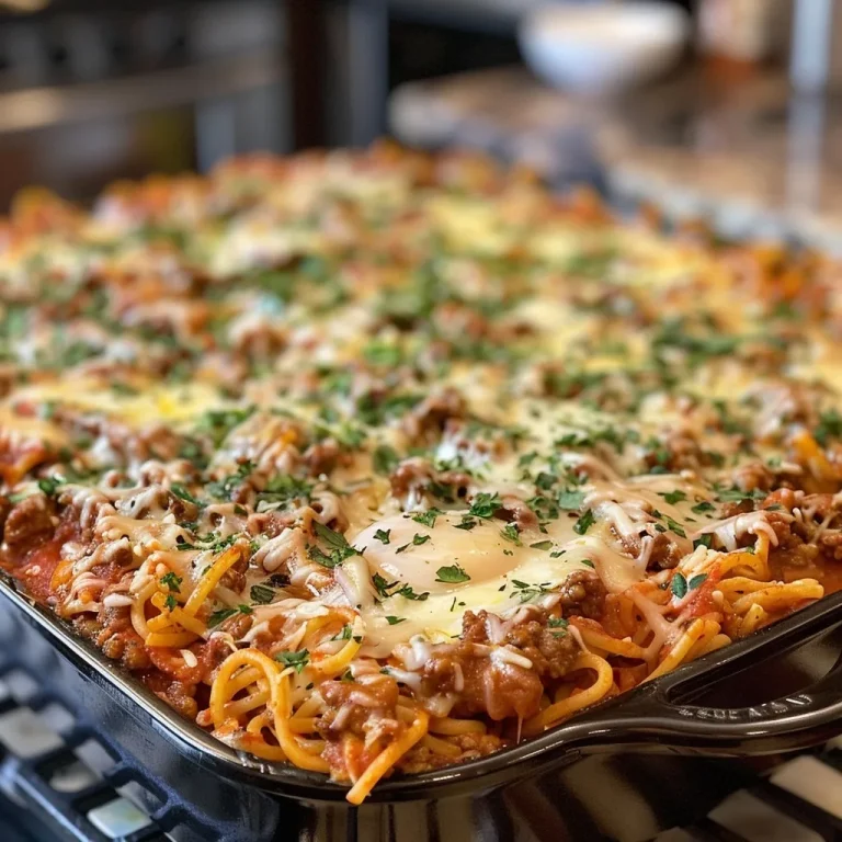 The Hearty Baked Spaghetti Bolognese Casserole That Feels Like Home Close-up of baked spaghetti Bolognese casserole with golden cheese on top.