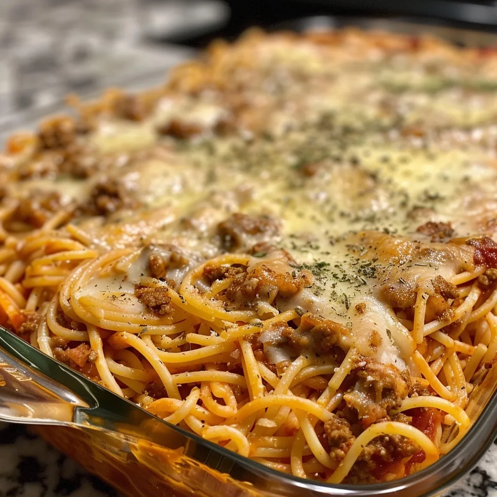 Side angle shot of a creamy spaghetti dish topped with cheese.