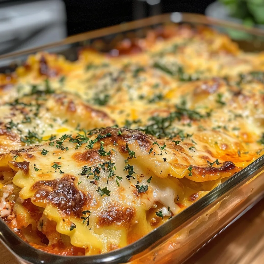 Juicy cheese ravioli casserole with layers of marinara and mozzarella, served in a dish.