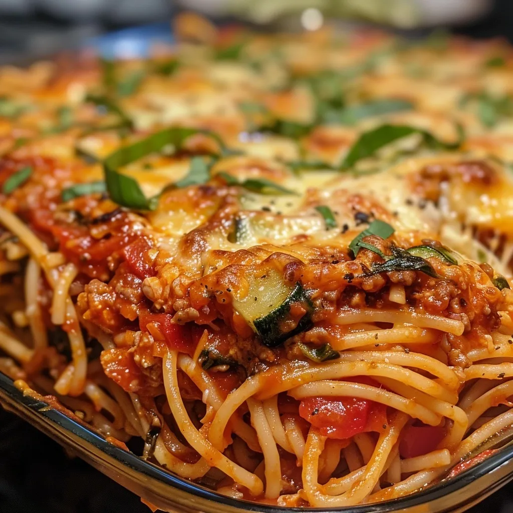 Side view of a serving of baked spaghetti with vibrant vegetables and cheese.