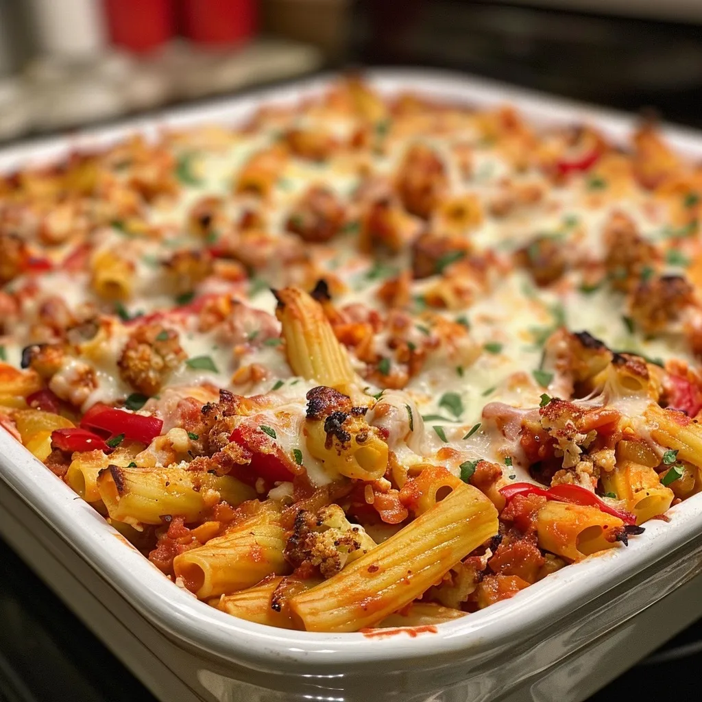 An appetizing side view of baked ziti, highlighting layers of pasta, marinara sauce, and assorted roasted vegetables.