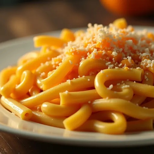 Delicious cheesy orange pasta presented in a bowl with a warm, inviting lighting effect.