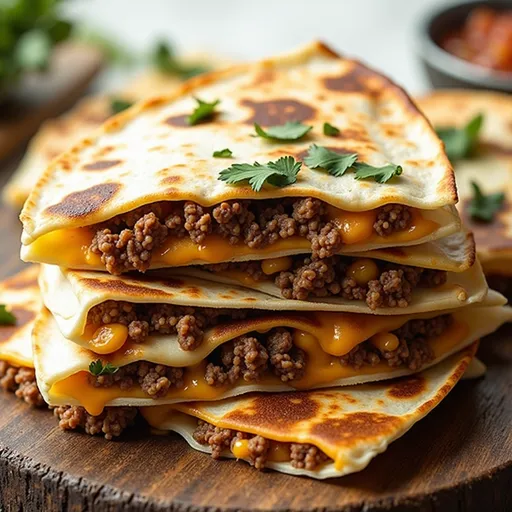 Golden-brown quesadillas filled with ground beef, cheese, and diced vegetables on a plate.