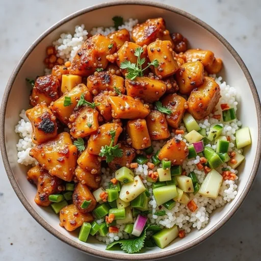 A vibrant Spicy Hot Honey Chicken Bowl with tender chicken, mixed vegetables, and garnished with green onions and sesame seeds.