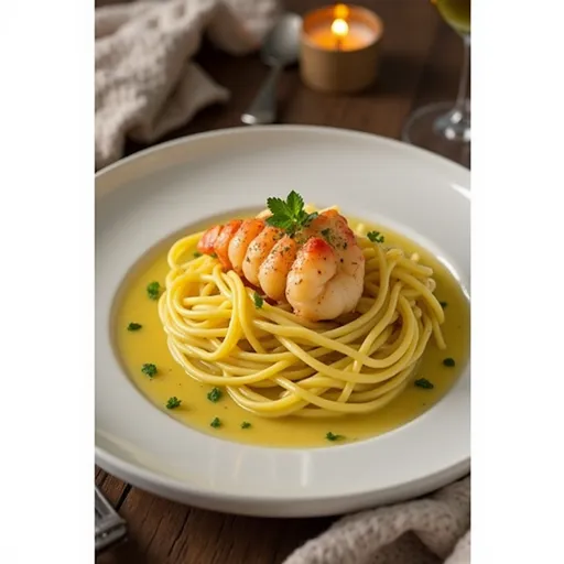 A serving of Butter Poached Lobster with fettuccine, garnished with fresh herbs and lemon wedges.