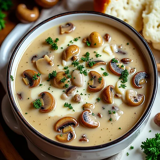 Eye-level view of a steaming bowl of mushroom soup, featuring visible chunks of mushrooms and cottage cheese.