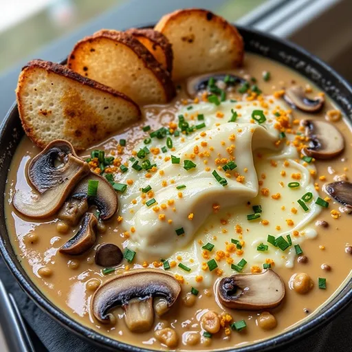 Close-up view of velvety mushroom soup showcasing its texture, illuminated by natural light.