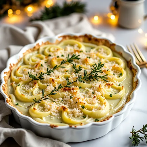 A beautifully presented caramelized onion tart with a flaky crust, soft cheese, and herbs, captured in warm light.