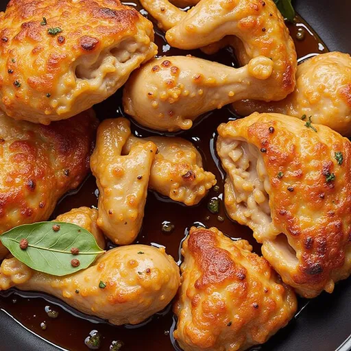 A beautifully plated Chicken Adobo, featuring glistening chicken pieces surrounded by a flavorful broth and garnished with green onions.