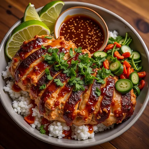 Delicious Hot Honey Chicken Bowl featuring golden chicken, vibrant veggies, and fluffy rice in natural light.