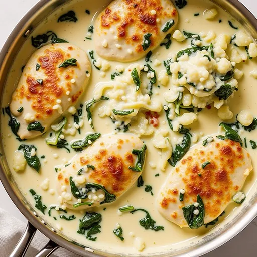 Plate of spinach artichoke chicken with a rich, creamy sauce and vibrant greens.