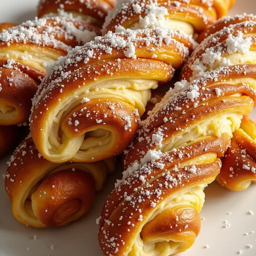 Flaky and twisted cinnamon rolls made from crescent dough, illuminated by warm natural light.