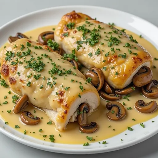 Deliciously presented stuffed chicken breast with a creamy mushroom filling, soft natural lighting.
