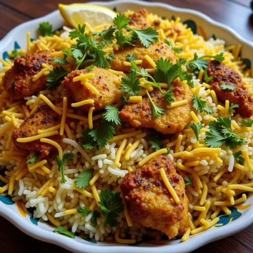 An appetizing plate of Chicken Biryani garnished with fresh cilantro and mint, captured in soft natural light.