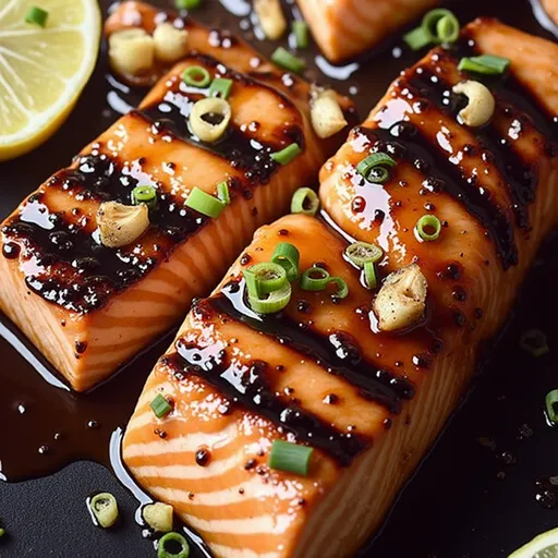 Delicious grilled salmon with a golden brown crust, drizzled in a sweet and savory sauce.