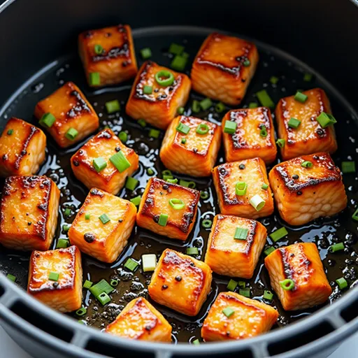 Air fryer salmon bites coated in honey garlic sauce, beautifully arranged on a plate.