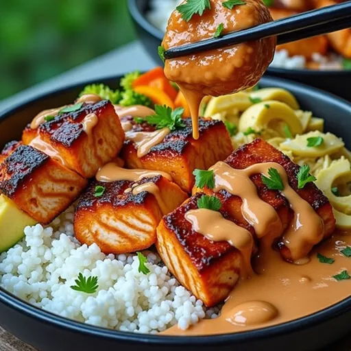 A delicious Sriracha Honey Salmon Bowl, showcasing salmon, steamed broccoli, avocado slices, and rice in warm natural lighting.