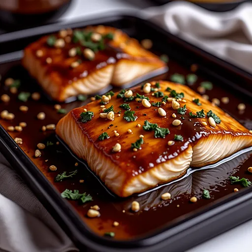 Eye-level shot of a succulent salmon fillet with a glossy honey garlic glaze and soft shadows.