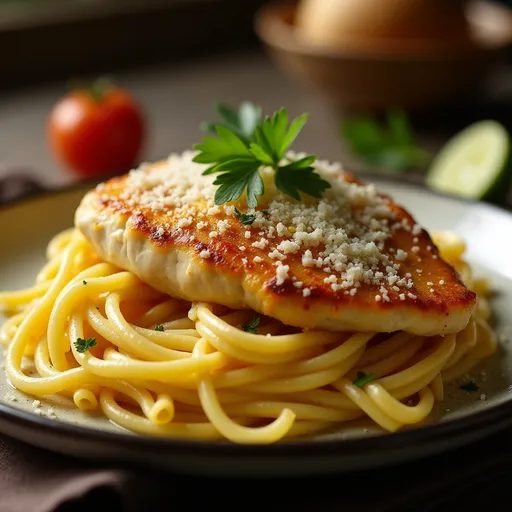 A delicious plate of creamy parmesan chicken and penne, garnished with fresh parsley.