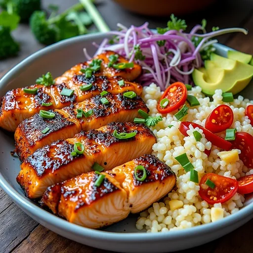 A beautifully arranged Spicy Honey Sriracha Salmon Bowl with salmon fillets, cooked rice, and garnishes.