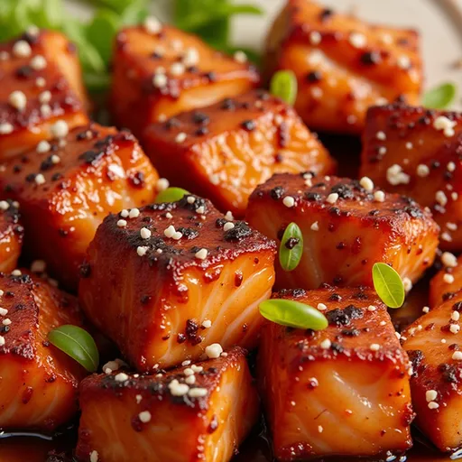 Delicious salmon pieces coated in honey garlic glaze, garnished with chopped green onions, set against a blurred background.