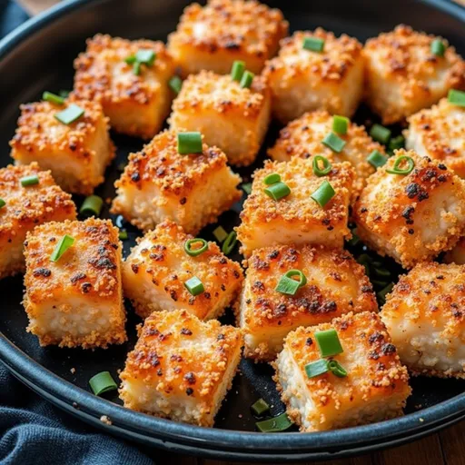 Air-fried salmon pieces with a golden crust and green herbs on a rustic table.