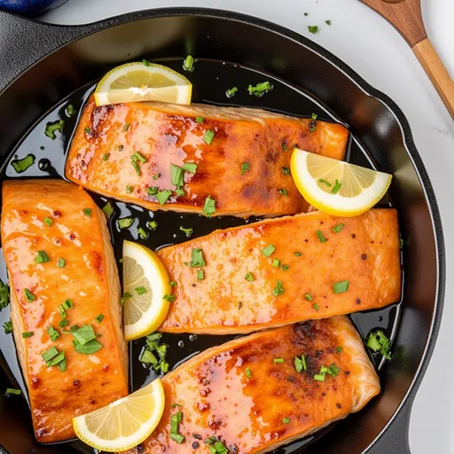 Plate of savory honey garlic salmon with a glossy glaze and fresh herbs in soft lighting.