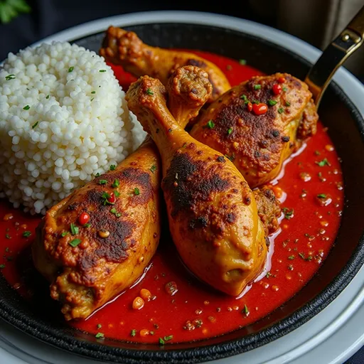 A mouthwatering Spicy Nigerian Chicken Stew highlighted by warm natural lighting, featuring colorful vegetables and garnished with fresh herbs.
