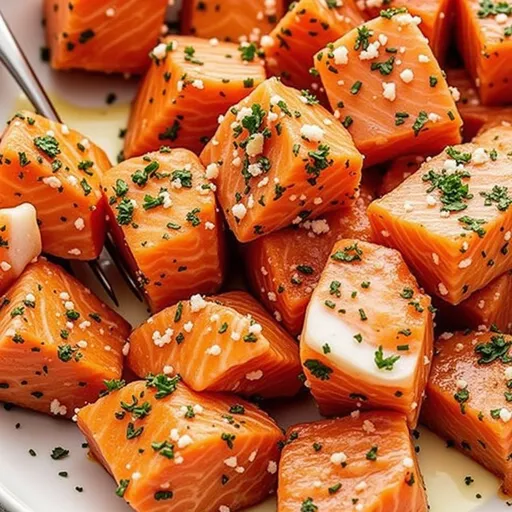 A plate of air fryer salmon pieces garnished with fresh parsley and lemon zest.