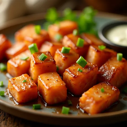 Air fryer salmon pieces drizzled with honey sauce, showcasing a tender and crispy texture.