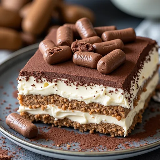 Rich Chocolate Tiramisu layered with creamy mascarpone and dark chocolate, captured in warm light.