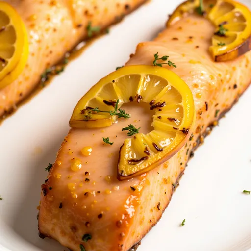 Delicious air-fried salmon fillet drizzled with lemon juice and sprinkled with minced garlic and fresh herbs.