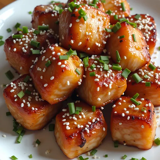 Delicious air fryer salmon bites drizzled with honey garlic sauce, with lemon wedges beside.