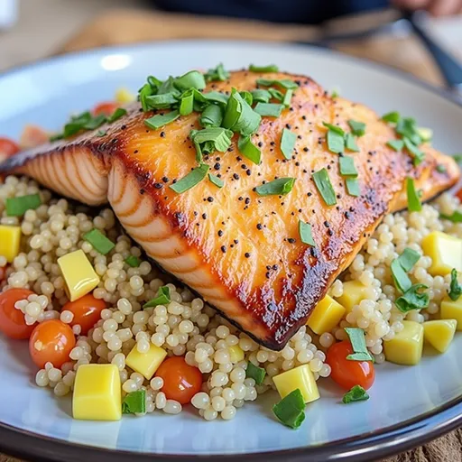 Delicious salmon fillets glazed with honey and garlic, accompanied by a side of quinoa.