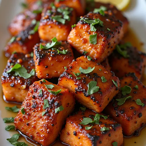 Delicious salmon pieces coated in a glossy honey garlic sauce, displayed on a rustic plate.