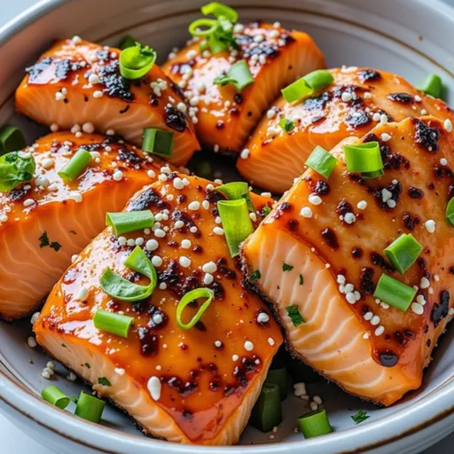 Tasty, crispy salmon bites with a shiny glaze, showing textural details, set against a softly blurred background.