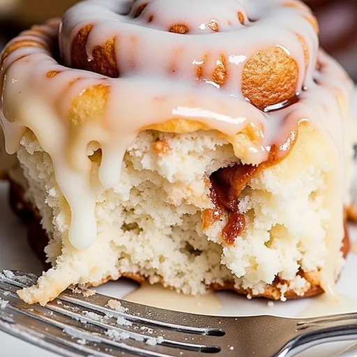 A stack of freshly baked cinnamon rolls, drizzled with icing and surrounded by warm light.