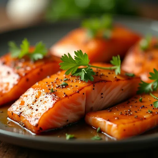 Tasty salmon pieces coated in a shiny honey garlic glaze, captured in soft natural light.
