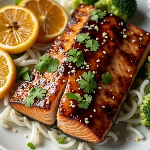 A beautifully plated salmon fillet glazed with honey garlic soy sauce, with a blurred cozy background.