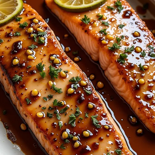 Succulent honey glazed salmon with a shiny finish, presented on a rustic plate with fresh herbs.